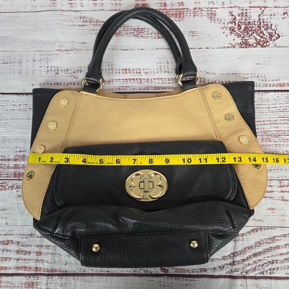 Emma Fox Black Tan Leather Top Dual Handle Satchel Purse Timeless Designer Bag - Picture 10 of 13